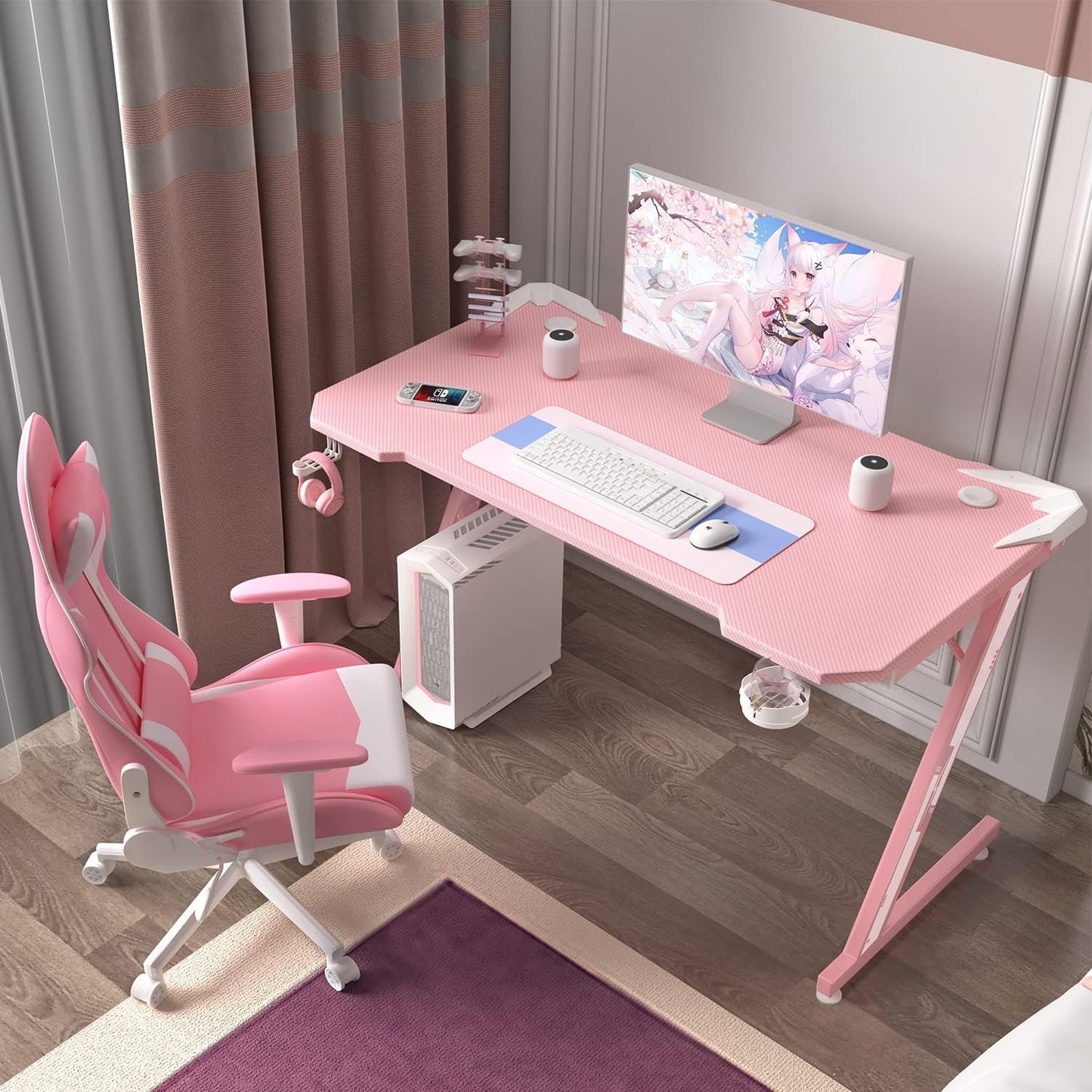 Gaming Computer Desk with Carbon Fiber Surface, Gaming Table Z Shaped Pc Home Office with Cup Holder&Headphone Hook(44 In, Pink)