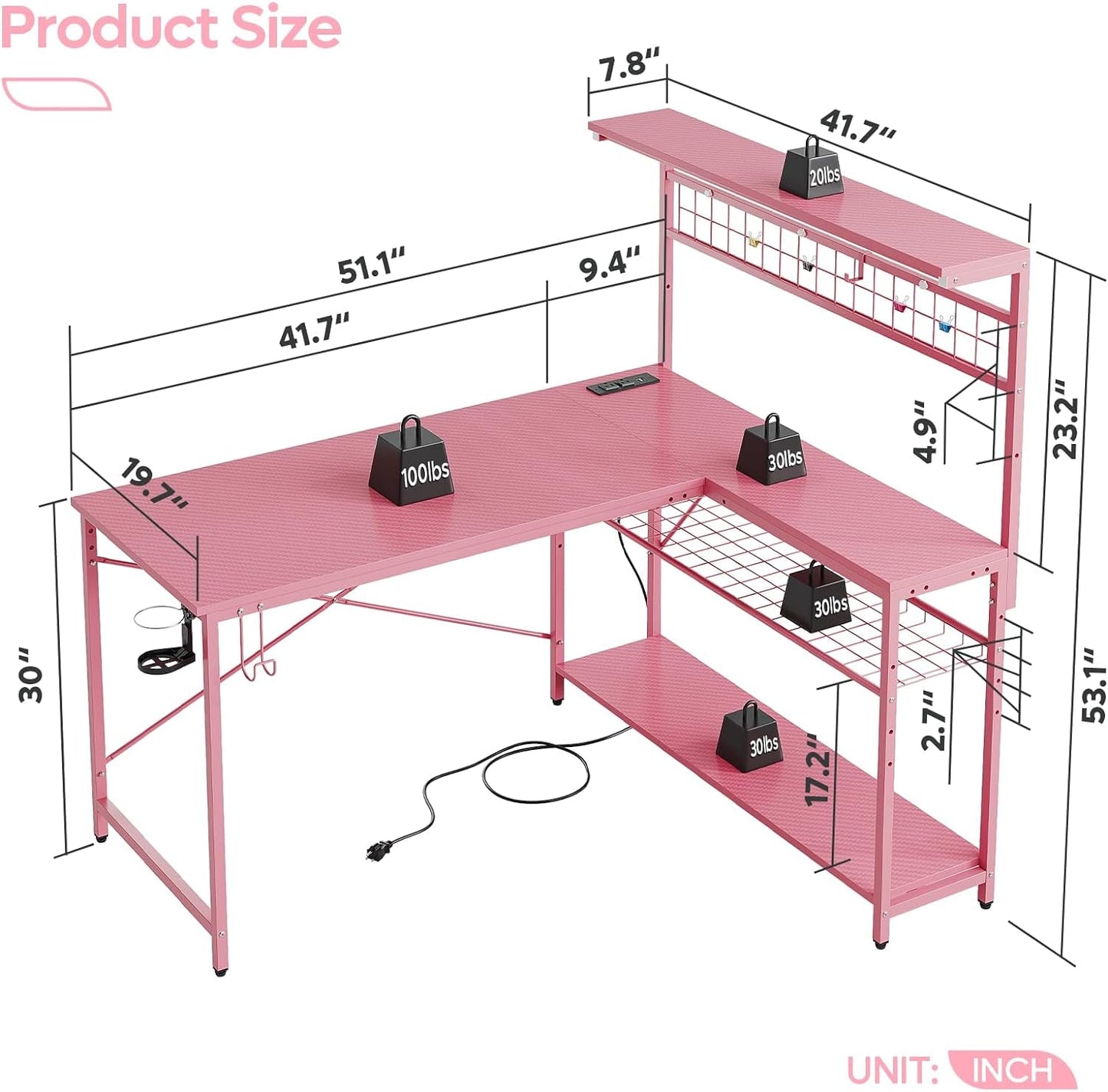 Gaming Desk 51" L-Shaped, with Power Outlets & LED Lights- 4 Tier Shelves, Reversible Gamer Table with Hooks & Cup Holder for Home Office Carbon Fiber Pink