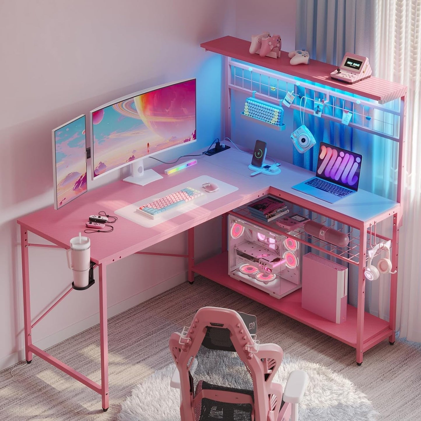 Gaming Desk 51" L-Shaped, with Power Outlets & LED Lights- 4 Tier Shelves, Reversible Gamer Table with Hooks & Cup Holder for Home Office Carbon Fiber Pink