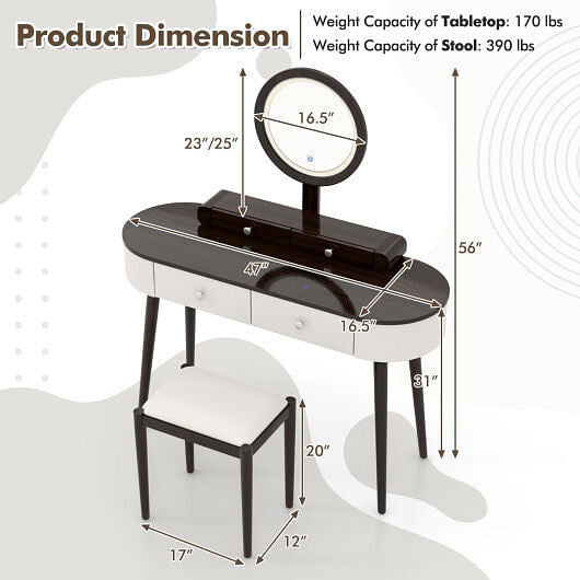 Makeup Vanity Table Set with LED Mirror and 3 Spacious Drawers-White and Black