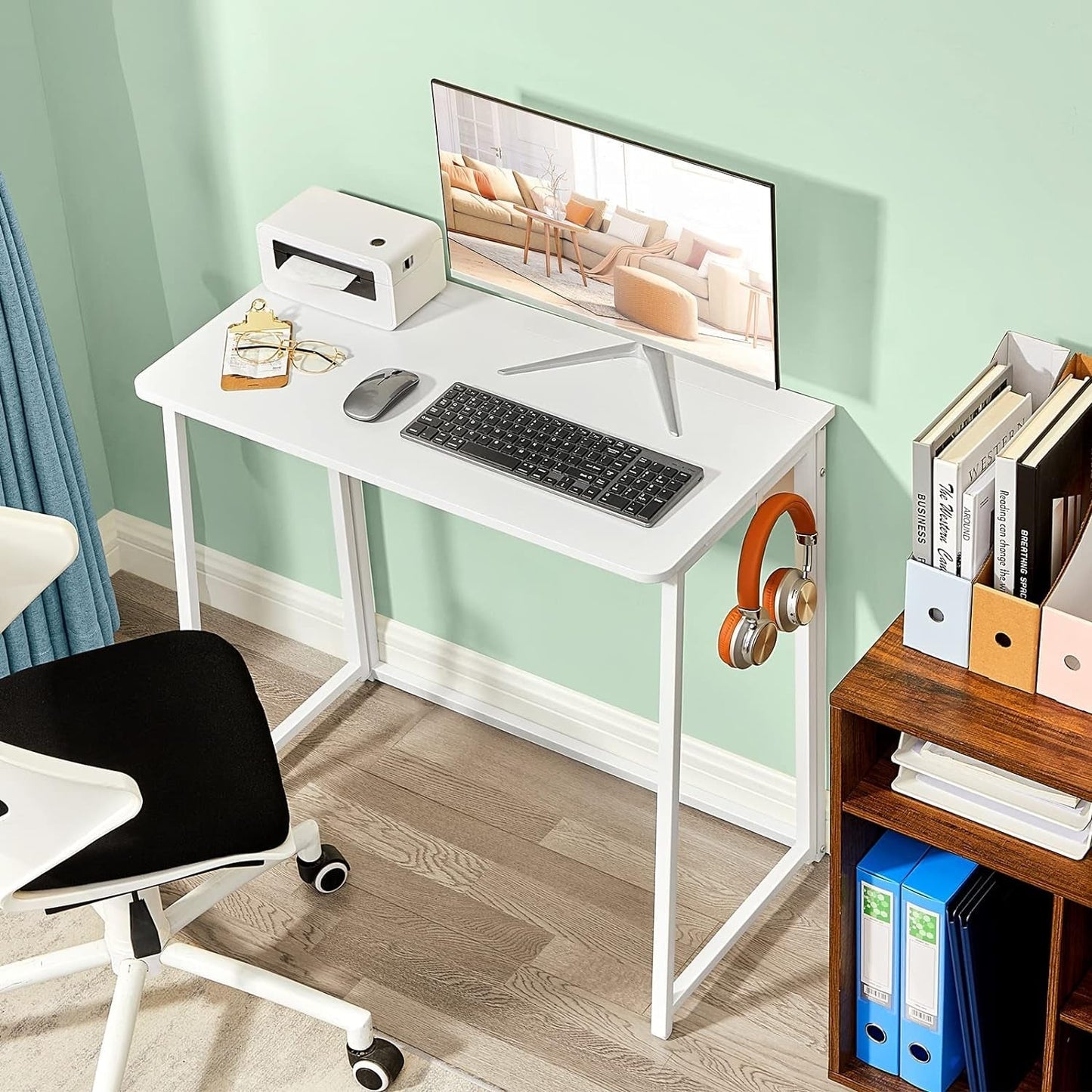 Folding Desk, 31.5" Small Desk for Small Spaces, Easy Assemble Foldable Computer Desk for Laptop, Mini Portable Working Table Narrow Wooden Writing Workstation for Home Office, White