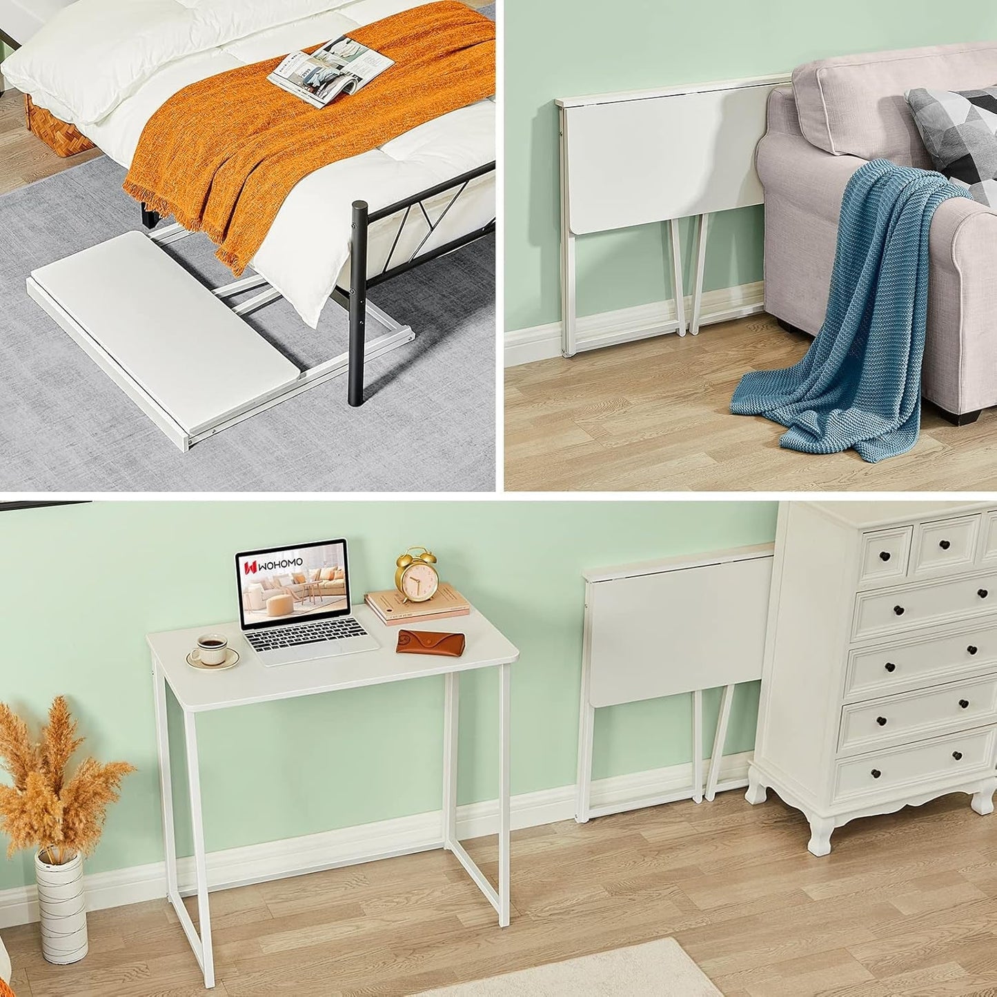 Folding Desk, 31.5" Small Desk for Small Spaces, Easy Assemble Foldable Computer Desk for Laptop, Mini Portable Working Table Narrow Wooden Writing Workstation for Home Office, White