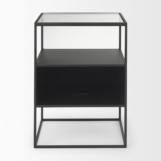 21" Clear and Black Glass and Metal Square Frame End Table With Two Shelves