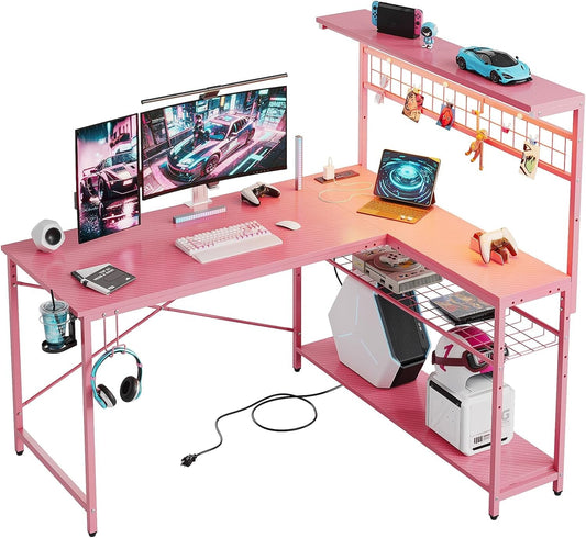 Gaming Desk 51" L-Shaped, with Power Outlets & LED Lights- 4 Tier Shelves, Reversible Gamer Table with Hooks & Cup Holder for Home Office Carbon Fiber Pink