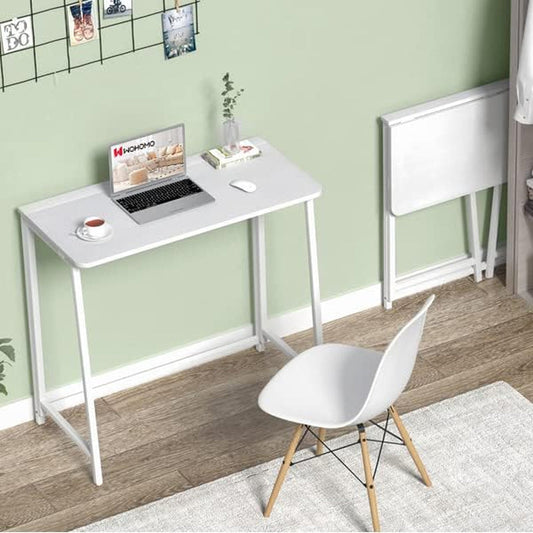 Folding Desk, 31.5" Small Desk for Small Spaces, Easy Assemble Foldable Computer Desk for Laptop, Mini Portable Working Table Narrow Wooden Writing Workstation for Home Office, White