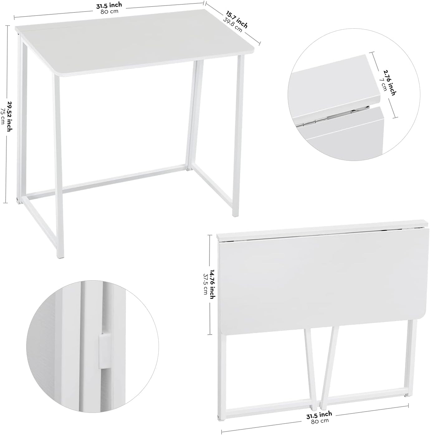 Folding Desk, 31.5" Small Desk for Small Spaces, Easy Assemble Foldable Computer Desk for Laptop, Mini Portable Working Table Narrow Wooden Writing Workstation for Home Office, White