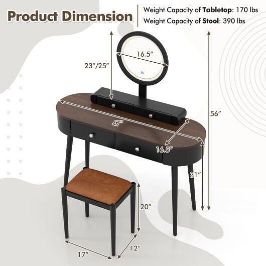 Makeup Vanity Table Set with LED Mirror and 3 Spacious Drawers-White and Black