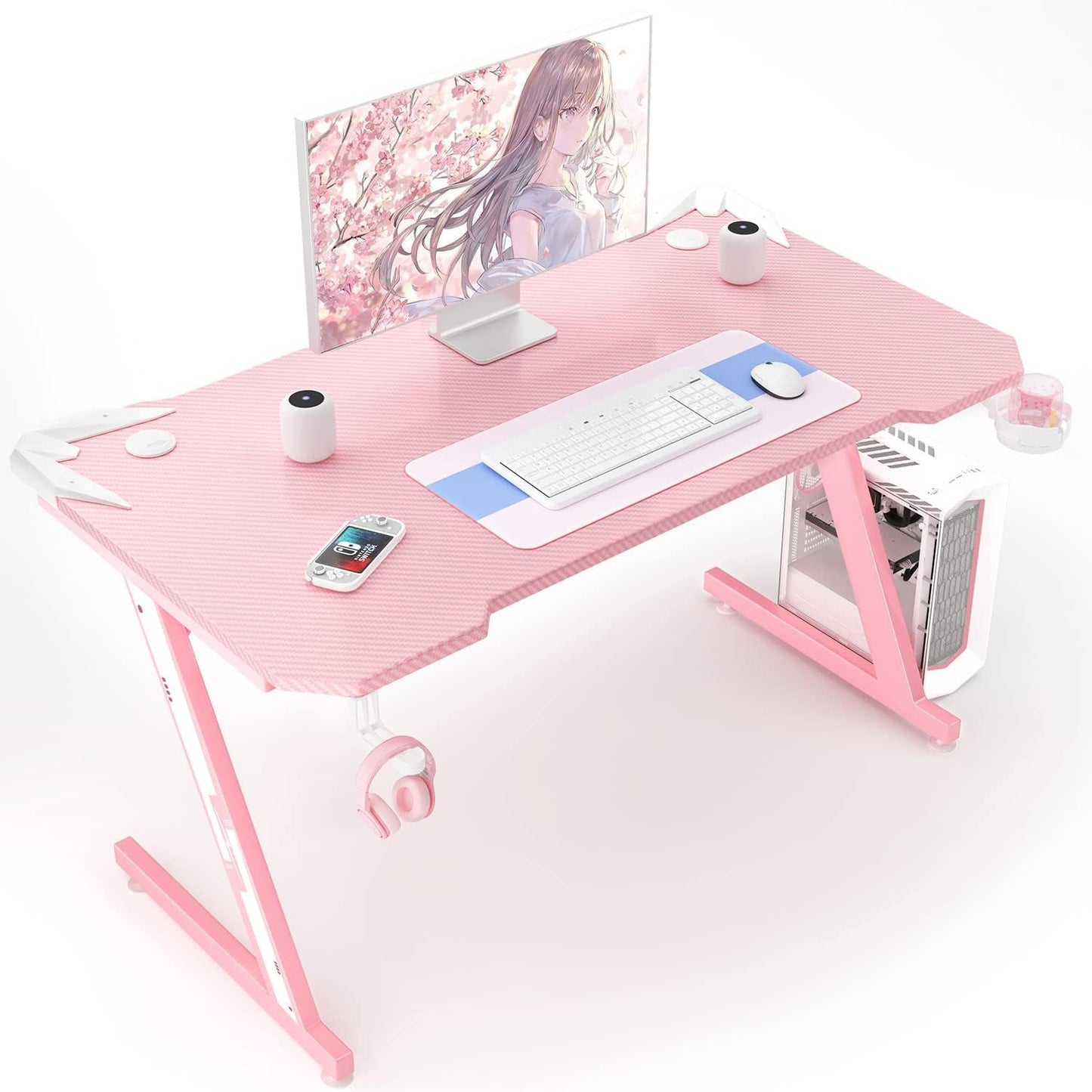 Gaming Computer Desk with Carbon Fiber Surface, Gaming Table Z Shaped Pc Home Office with Cup Holder&Headphone Hook(44 In, Pink)