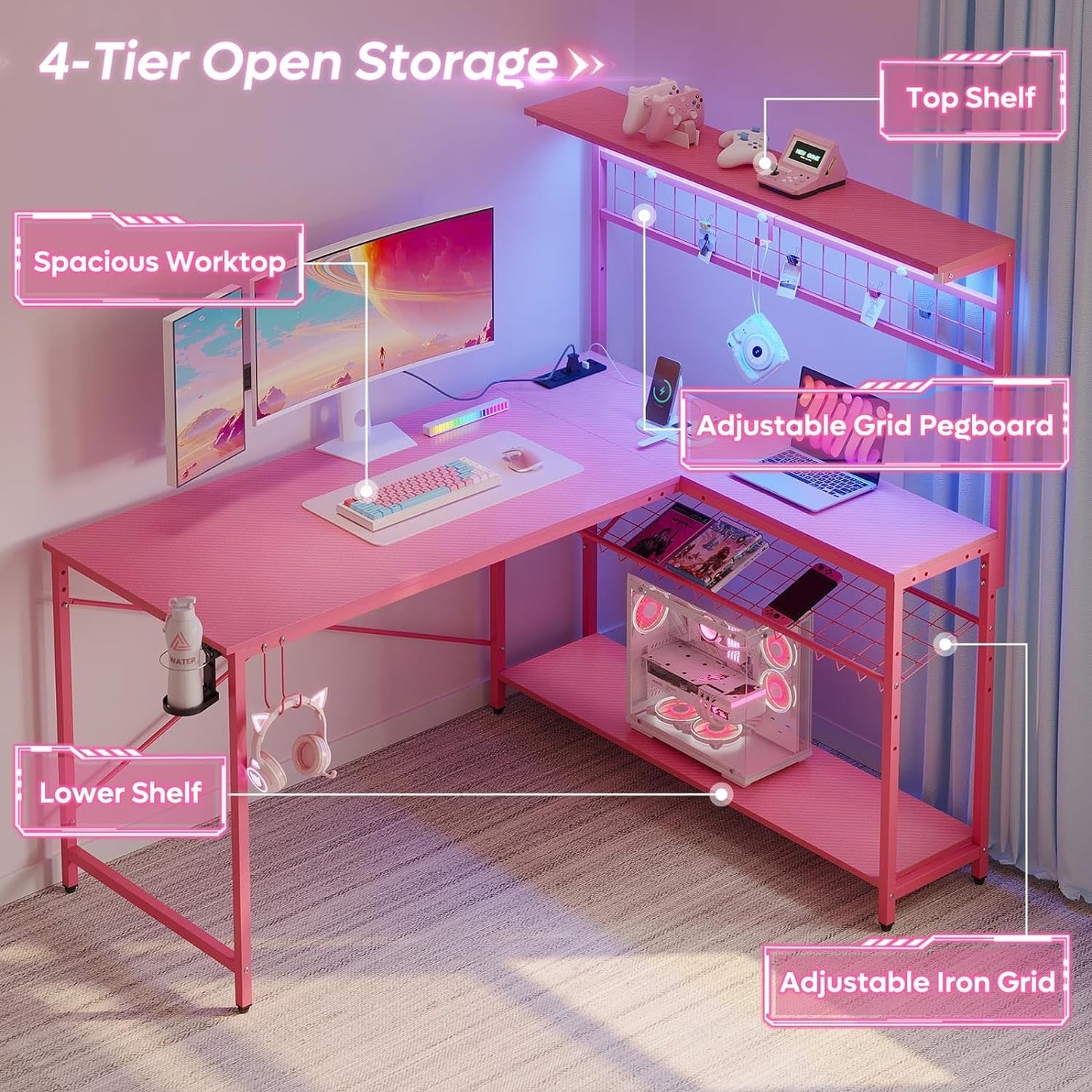 Gaming Desk 51" L-Shaped, with Power Outlets & LED Lights- 4 Tier Shelves, Reversible Gamer Table with Hooks & Cup Holder for Home Office Carbon Fiber Pink